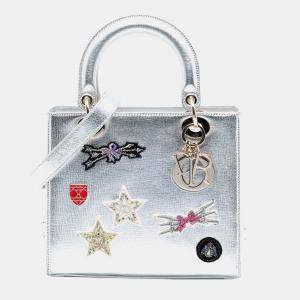 Pre Owned Dior Silver Medium Calfskin Patch Embellished Lady Dior