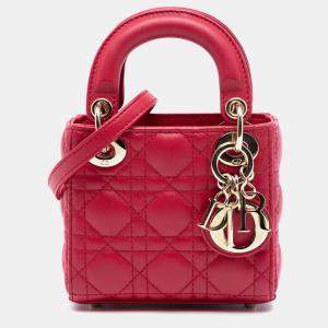 Pre Owned Dior Red Micro Lambskin Cannage Lady Dior
