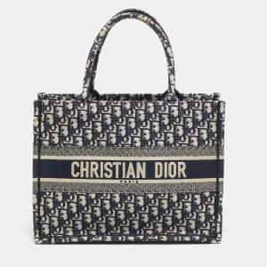 Pre Owned Dior Oblique Embroidered Book Medium Navy Blue Canvas Tote
