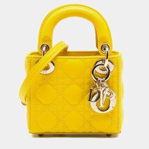Pre Owned Dior Yellow Micro Lambskin Cannage Lady Dior