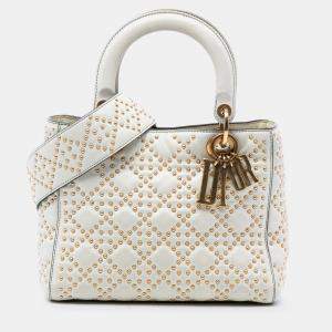 Pre Owned Dior White Medium Lambskin Cannage Studded Supple Lady Dior