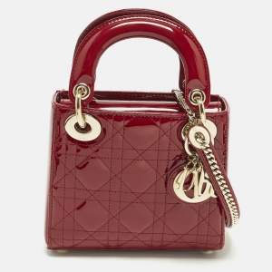 Pre Owned Dior Lady Dior Mini Red Cannage Patent Leather Chain Tote