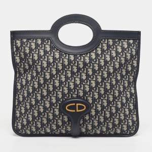 Pre Owned Dior Navy Blue Oblique Canvas and Leather Fold Over Clutch