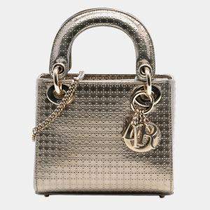 Pre Owned Dior Gold Mini Metallic Patent Microcannage Lady Dior