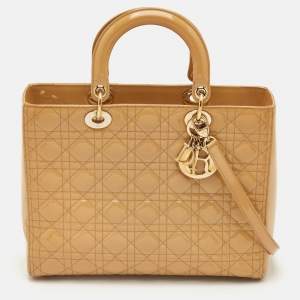 Pre Owned Dior Lady Dior Large Beige Cannage Patent Leather Tote