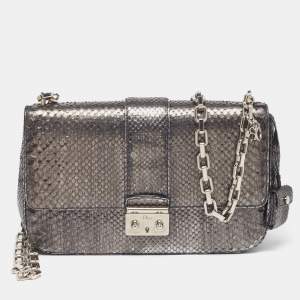 Pre Owned Dior Miss Dior Flap Medium Metallic Grey Python Flap Bag