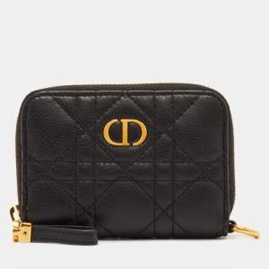 Pre Owned Dior Caro Black Cannage Leather Zip Compact Wallet