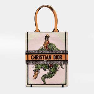 Pre Owned Dior White Embroidered Canvas Princess and Dragon Vertical Book Tote