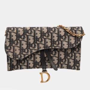 Pre Owned Dior Blue Oblique Canvas Saddle Wallet On Chain