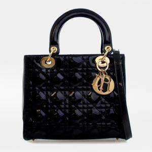مملوكة مسبقًا حقيبة يد ديور ليدي ديور جلد لامع أسود متوسطة بقرنيطية