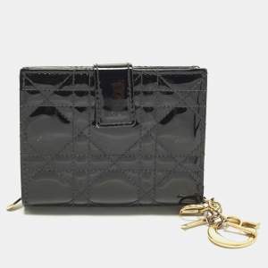 Pre Owned محفظة ديور ليدي ديورجلد كاناج لامع أسود مضغوطة