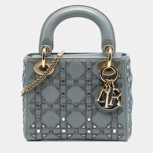 Pre Owned Dior Mini Grey Calfskin Cannage Beaded Lady Dior