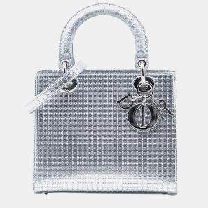مملوكة مسبقًا حقيبة ديور ليدي ديور فضية متوسطة جلد براءة معدني ميكروكناج
