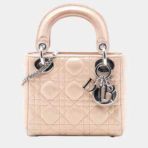Pre Owned Dior Beige Mini Iridescent Lambskin Cannage Lady Dior