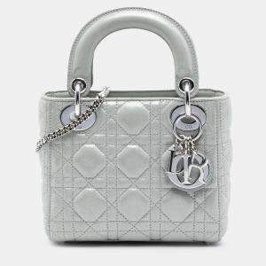 Pre Owned Dior Silver Mini Iridescent Lambskin Cannage Lady Dior