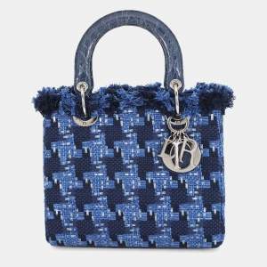 Pre Owned Dior Lady Dior Handbags Blue Tweed Leather Size Medium