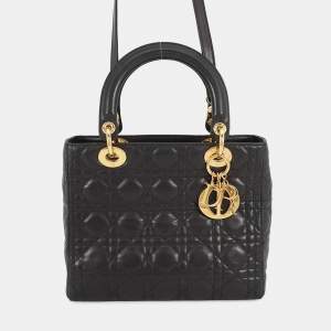 Pre Owned Dior Lady Dior 2Waybag Black Leather Size Medium