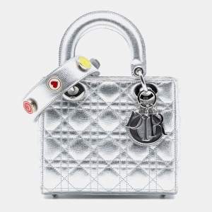 Pre Owned Dior Silver Small Metallic Grained Calfskin Cannage My ABCDior Lady Dior