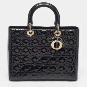 Pre Owned Dior Lady Dior Large Black Cannage Patent Leather Tote