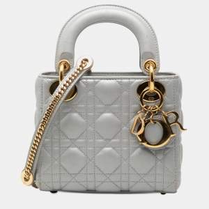 Pre Owned Dior Mini Grey Metallic Lambskin Cannage Lady Dior