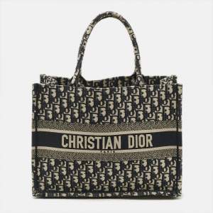 مملوكة مسبقًا حقيبة يد ديور بوك متوسطة كانفاس مطرز أوبليك أزرق كحلي