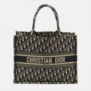 Pre Owned Dior Book Medium Blue Oblique Embroidered Canvas Tote 