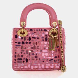 Pre Owned Dior Lady Dior Mini Mosaic Of Mirrors Calfskin Leather Top Handle Bag