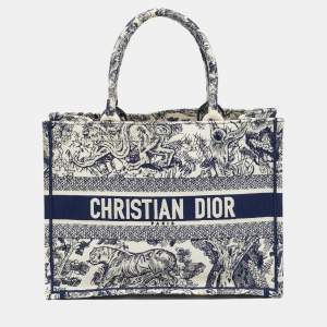 Pre Owned Dior Toile de Jouy Book Medium Blue Embroidered Canvas Tote