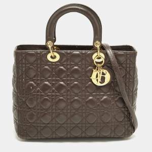 Pre Owned Dior Lady Dior Large Dark Brown Cannage Leather Tote
