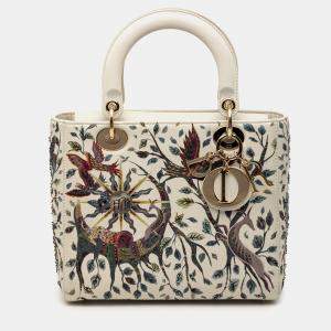 مملوكة مسبقًا Dior White Medium Calfskin Beaded and Embroidered Earth Lady Dior