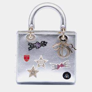 مملوكة مسبقًا Dior Silver Medium Calfskin Patch Embellished Lady Dior