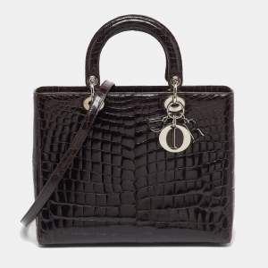 Pre Owned حقيبة ديور ليدي ديور إصدار محدود 018 كبيرة جلد تمساح لامع بني داكن