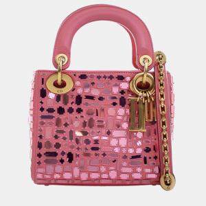 مملوكة مسبقًا Dior Pink Mini Smooth Calfskin Embroidered Mosaic of Mirrors Lady Dior