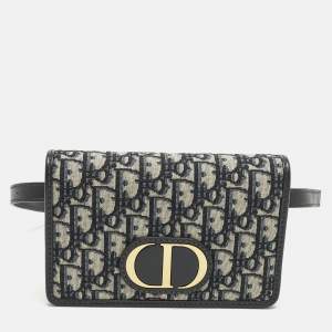 Pre Owned Dior 30 Montaigne Navy Blue Oblique Canvas and Leather Convertible Belt Bag