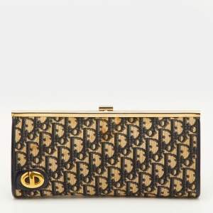 Pre Owned Dior Vintage Trotter Navy Blue Oblique Canvas Frame Clutch