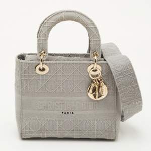 Pre Owned Dior Lady D-Lite Medium Light Grey Cannage Embroidered Canvas Tote