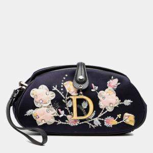Pre Owned Dior Blue Limited Edition Satin Floral Beaded Embroidered Detective Clutch