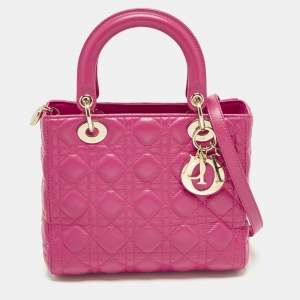 Pre Owned Dior Lady Dior Medium Pink Cannage Leather Tote