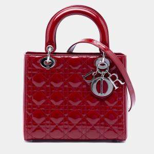 Pre Owned Dior Red Medium Patent Cannage Lady Dior