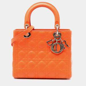 Pre Owned Dior Orange Medium Lambskin Cannage Lady Dior