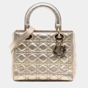 Pre Owned Dior Gold Medium Metallic Lambskin Cannage Lady Dior