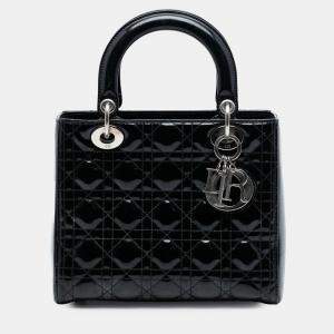 Pre Owned Dior Black Medium Patent Cannage Lady Dior