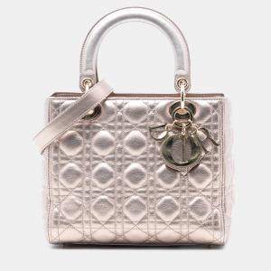 Pre Owned Dior Pink Medium Metallic Lambskin Cannage Lady Dior