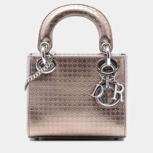Pre Owned Dior Gold Mini Metallic Patent Microcannage Lady Dior
