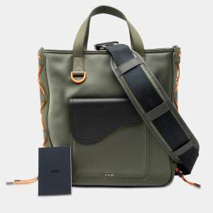 Pre Owned Dior Green Sacai Nylon and Leather Saddle Tote