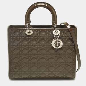 مملوكة مسبقًا Dior Lady Dior Large Dark Beige Cannage Patent Leather Tote w/Wallet
