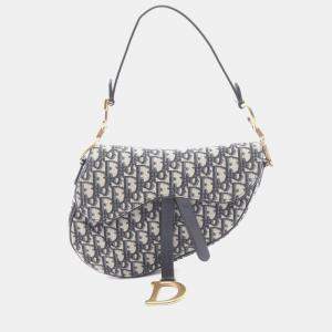 Pre Owned Christian Dior Dior Saddle Bag Oblique Handbag Canvas Leather Ivory Navy