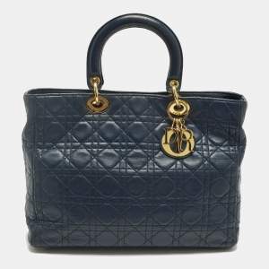 Pre Owned Dior Lady Dior Large Blue Cannage Leather Tote