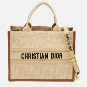 Pre Owned Dior Book Medium Beige/Brown Oblique Embroidered Canvas Tote