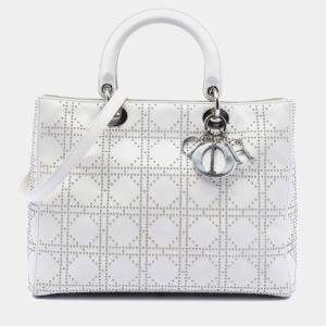 مملوكة مسبقًا Dior White Large Calfskin Cannage Studded Lady Dior